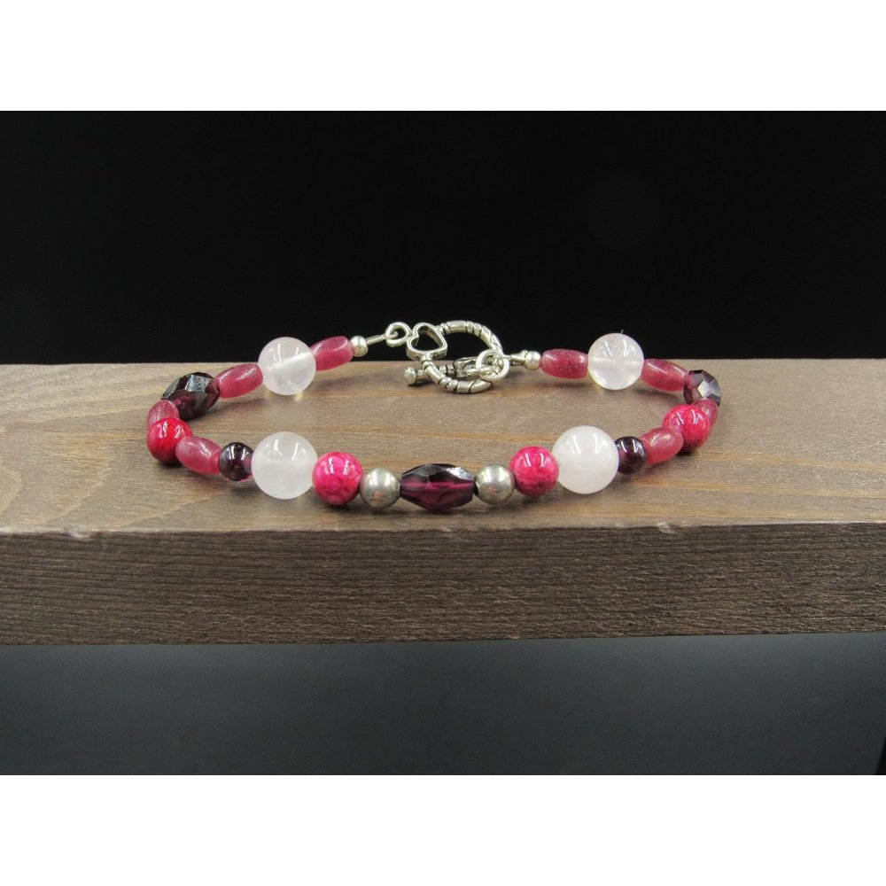 7" Sterling Silver Rose Quartz And Red Garnet Stone Bracelet Vintage Elegant